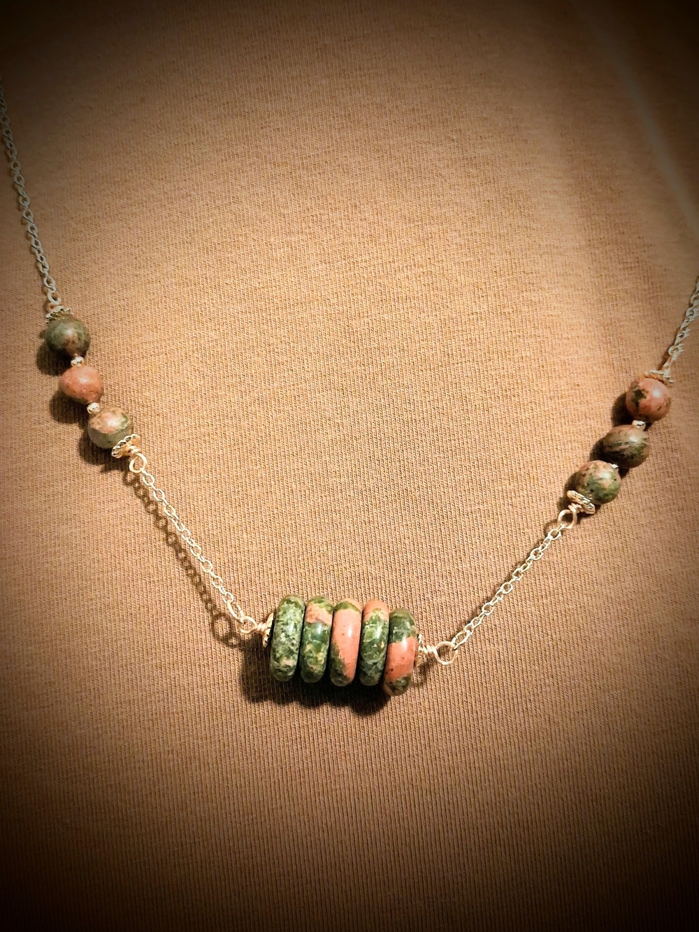 Handmade 18k Gold Plated Unakite Stone Bead Necklace - Artisan Jewelry